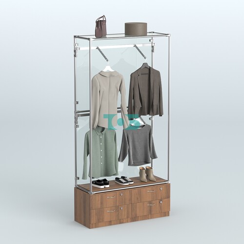 Торговая система ХРОМ (задняя стенка - стекло) 1200 мм №3-2 с тумбой Т-14 и поручнями