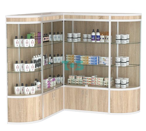 Витрина из профиля в угол зала с секторами №1 (задняя стенка - ДВП)