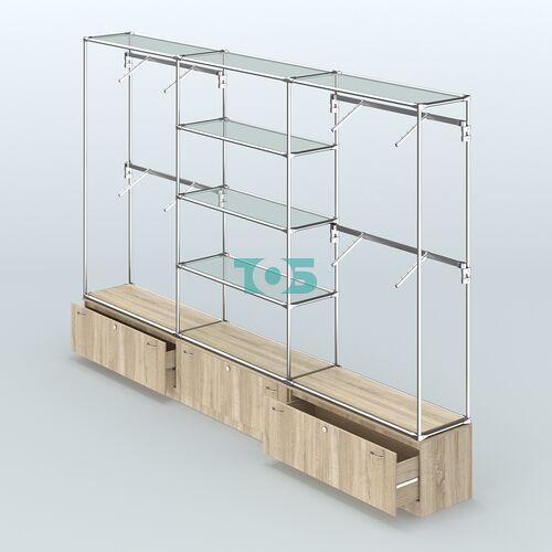 Торговая система ХРОМ без ДСП 3600 мм с тумбами Т11, прозрачными полками и поручнями №3