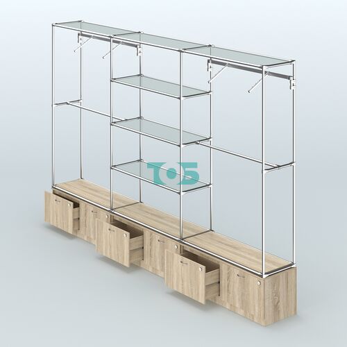 Торговая система ХРОМ без ДСП 3600 мм с тумбами Т15, прозрачными полками и поручнями №6