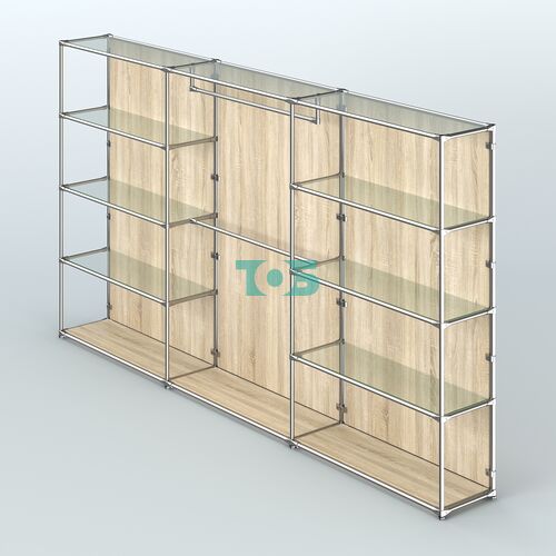 Торговая система ХРОМ (задняя стенка - ДСП) 3600 мм с прозрачными полками и поручнями №1