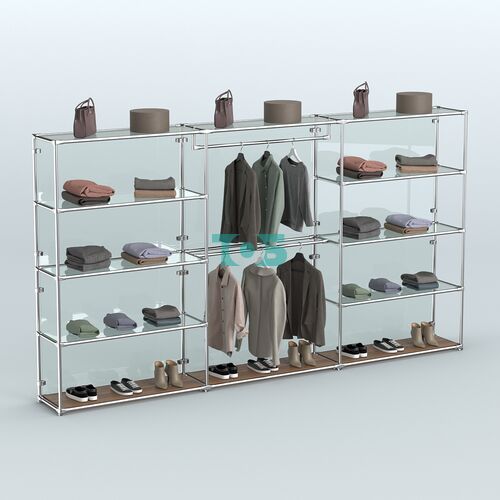 Торговая система ХРОМ (задняя стенка - стекло) 3600 мм с прозрачными полками и поручнями №1