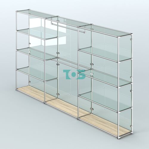 Торговая система ХРОМ (задняя стенка - стекло) 3600 мм с прозрачными полками и поручнями №1