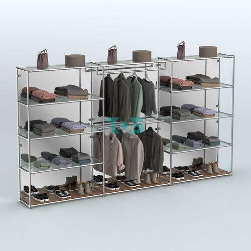 Торговая система ХРОМ (задняя стенка - зеркало) 3600 мм с прозрачными полками и поручнями №1