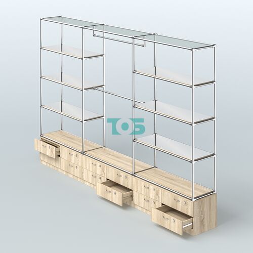 Торговая система ХРОМ без ДСП 3600 мм с тумбами Т14, зеркальными полками и поручнями №1