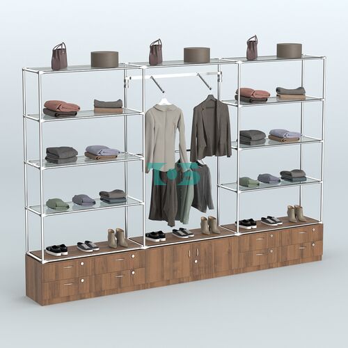 Торговая система ХРОМ без ДСП 3600 мм с тумбами Т14, Т21, прозрачными полками и поручнями №5