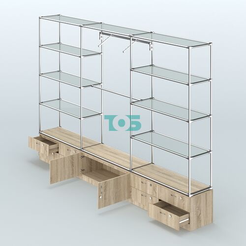 Торговая система ХРОМ без ДСП 3600 мм с тумбами Т14, Т21, прозрачными полками и поручнями №5