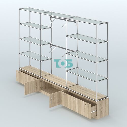 Торговая система ХРОМ без ДСП 3600 мм с тумбами Т11, Т21, прозрачными полками и поручнями №4