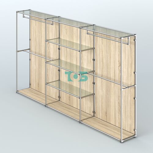 Торговая система ХРОМ (задняя стенка - ДСП) 3600 мм с прозрачными полками и поручнями №2