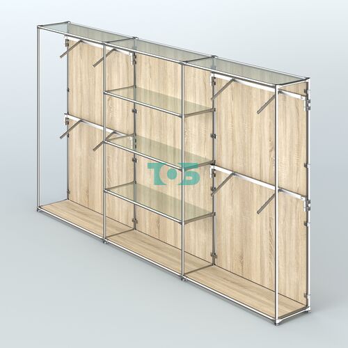 Торговая система ХРОМ (задняя стенка - ДСП) 3600 мм с прозрачными полками и поручнями №5