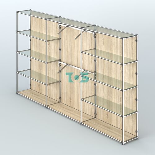 Торговая система ХРОМ (задняя стенка - ДСП) 3600 мм с прозрачными полками и поручнями №6