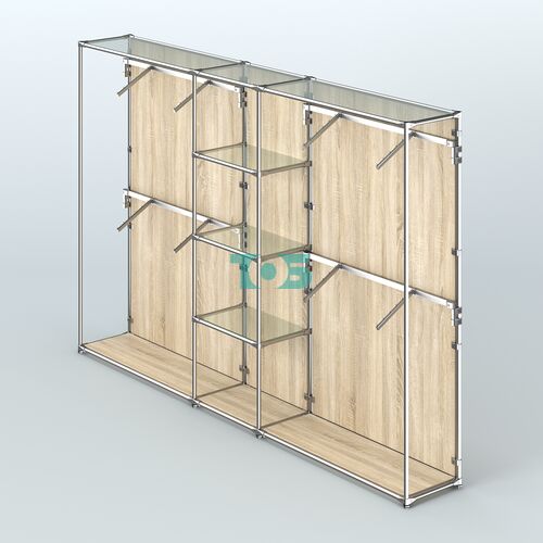 Торговая система ХРОМ (задняя стенка - ДСП) 3030 мм с прозрачными полками и поручнями №8