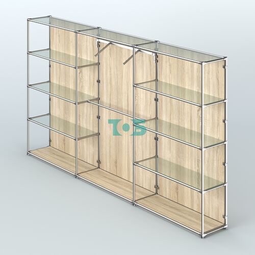 Торговая система ХРОМ (задняя стенка - ДСП) 3600 мм с прозрачными полками и поручнями №9