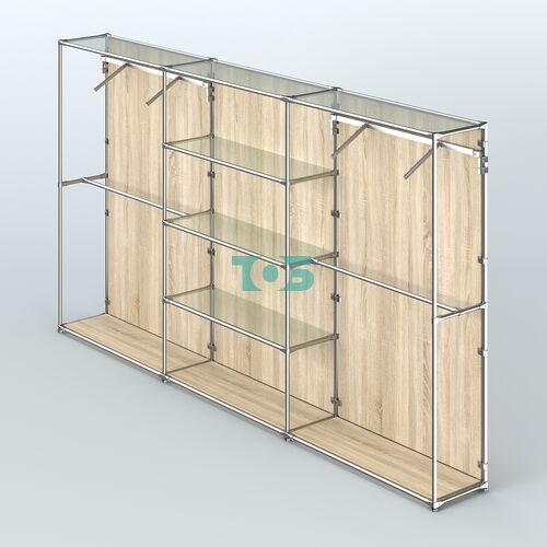 Торговая система ХРОМ (задняя стенка - ДСП) 3600 мм с прозрачными полками и поручнями №10