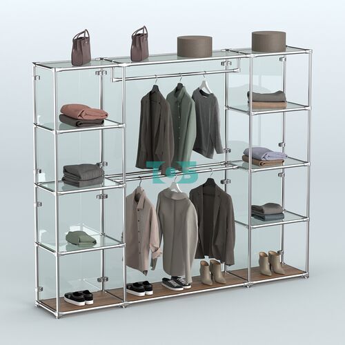 Торговая система ХРОМ (задняя стенка - стекло) 2430 мм с прозрачными полками и поручнями №3