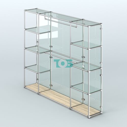 Торговая система ХРОМ (задняя стенка - стекло) 2430 мм с прозрачными полками и поручнями №3