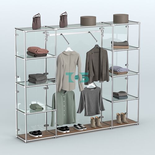 Торговая система ХРОМ (задняя стенка - стекло) 2430 мм с прозрачными полками и поручнями №7