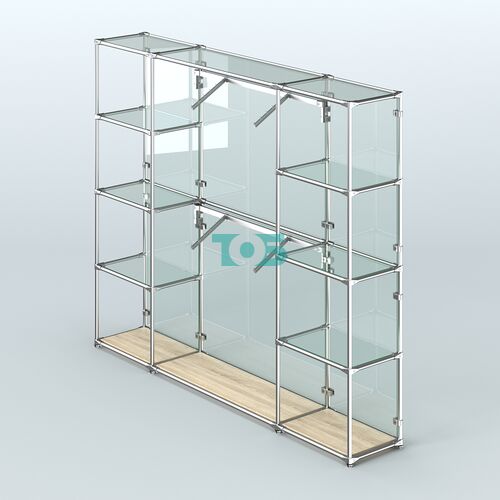 Торговая система ХРОМ (задняя стенка - стекло) 2430 мм с прозрачными полками и поручнями №7