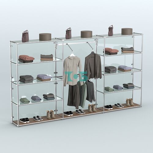 Торговая система ХРОМ (задняя стенка - стекло) 3600 мм с прозрачными полками и поручнями №9