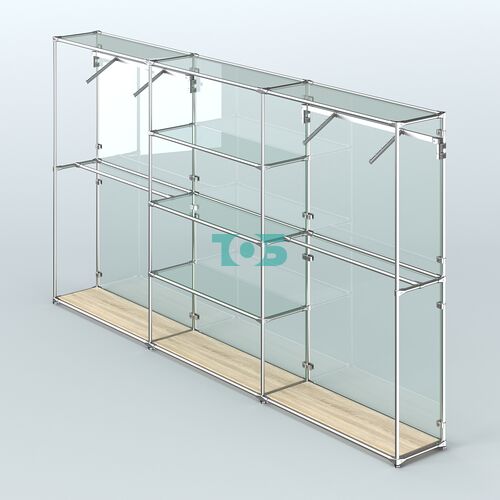 Торговая система ХРОМ (задняя стенка - стекло) 3600 мм с прозрачными полками и поручнями №10