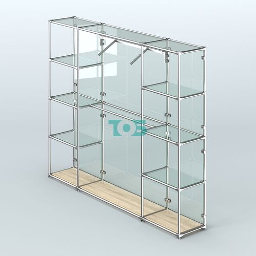 Торговая система ХРОМ (задняя стенка - стекло) 2430 мм с прозрачными полками и поручнями №11