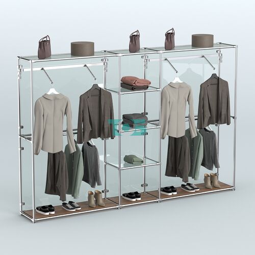 Торговая система ХРОМ (задняя стенка - стекло) 3030 мм с прозрачными полками и поручнями №12