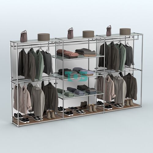 Торговая система ХРОМ (задняя стенка - зеркало) 3600 мм с прозрачными полками и поручнями №2