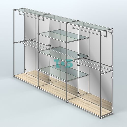 Торговая система ХРОМ (задняя стенка - зеркало) 3600 мм с прозрачными полками и поручнями №2