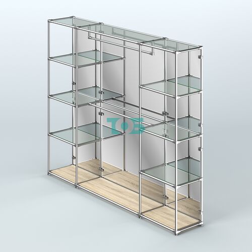 Торговая система ХРОМ (задняя стенка - зеркало) 2430 мм с прозрачными полками и поручнями №3