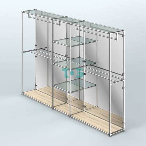 Торговая система ХРОМ (задняя стенка - зеркало) 3030 мм с прозрачными полками и поручнями №4