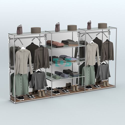 Торговая система ХРОМ (задняя стенка - зеркало) 3600 мм с прозрачными полками и поручнями №5