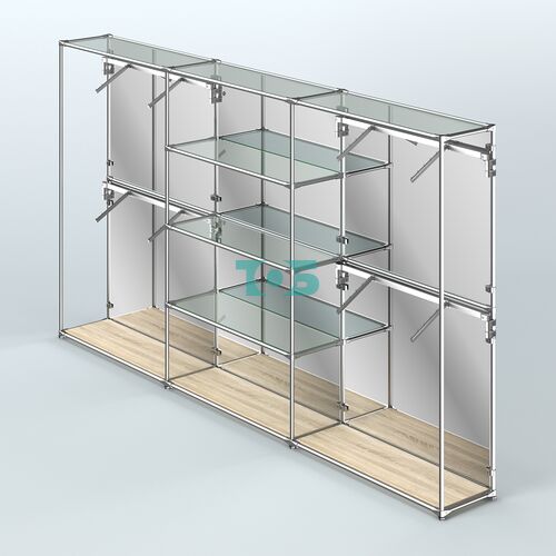 Торговая система ХРОМ (задняя стенка - зеркало) 3600 мм с прозрачными полками и поручнями №5