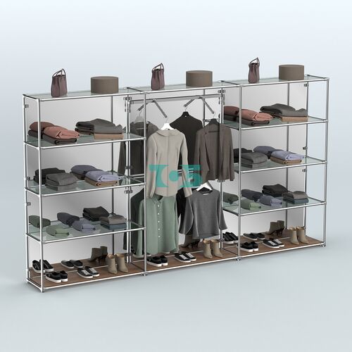 Торговая система ХРОМ (задняя стенка - зеркало) 3600 мм с прозрачными полками и поручнями №6