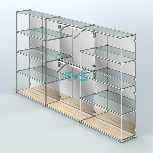 Торговая система ХРОМ (задняя стенка - зеркало) 3600 мм с прозрачными полками и поручнями №6