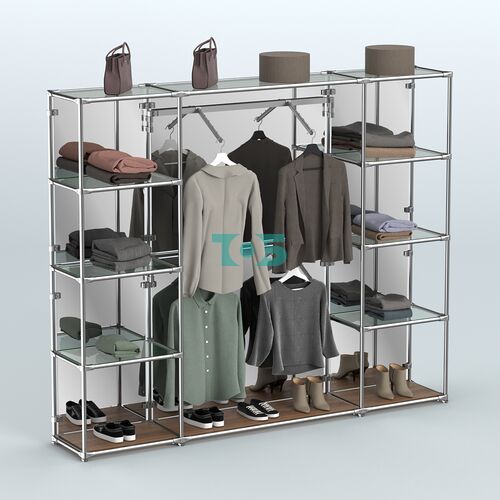 Торговая система ХРОМ (задняя стенка - зеркало) 2430 мм с прозрачными полками и поручнями №7