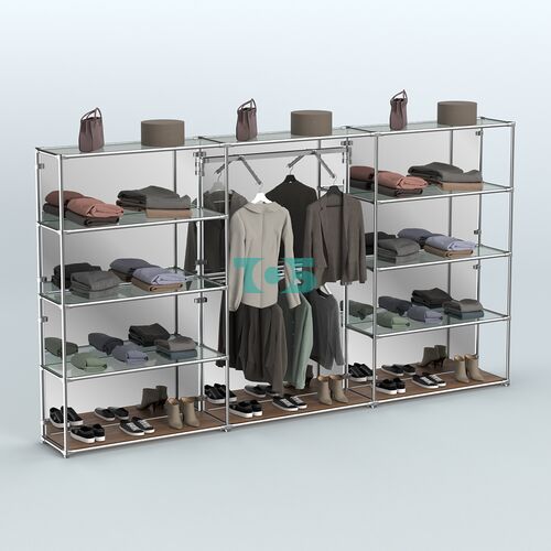 Торговая система ХРОМ (задняя стенка - зеркало) 3600 мм с прозрачными полками и поручнями №9