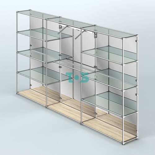 Торговая система ХРОМ (задняя стенка - зеркало) 3600 мм с прозрачными полками и поручнями №9