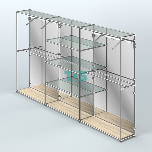 Торговая система ХРОМ (задняя стенка - зеркало) 3600 мм с прозрачными полками и поручнями №10
