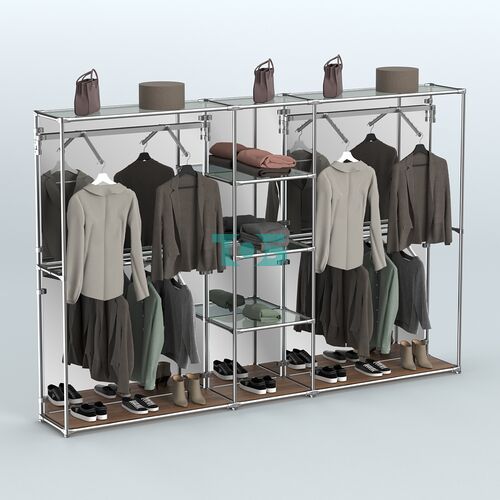 Торговая система ХРОМ (задняя стенка - зеркало) 3030 мм с прозрачными полками и поручнями №12