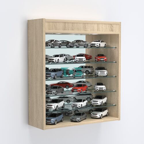 Витрина настенная №201-8Г открытая с пятью узкими полками, подсветкой и зеркалом