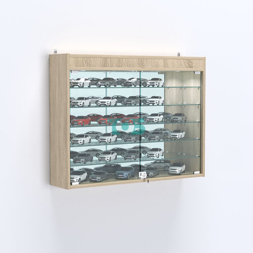 Витрина настенная №203-8А широкая с подсветкой, стеклянными полками и зеркалом