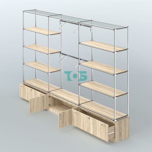 Торговая система ХРОМ без ДСП 3600 мм с тумбами Т11, Т21, полками ДСП и поручнями №4