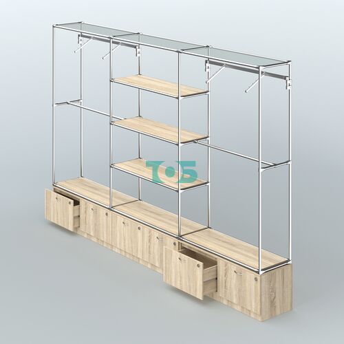 Торговая система ХРОМ без ДСП 3600 мм с тумбами Т15, полками ДСП и поручнями №6