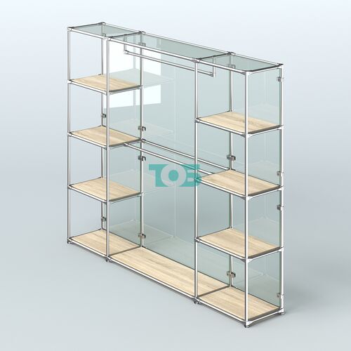 Торговая система ХРОМ (задняя стенка - стекло) 2430 мм с полками ДСП и поручнями №3