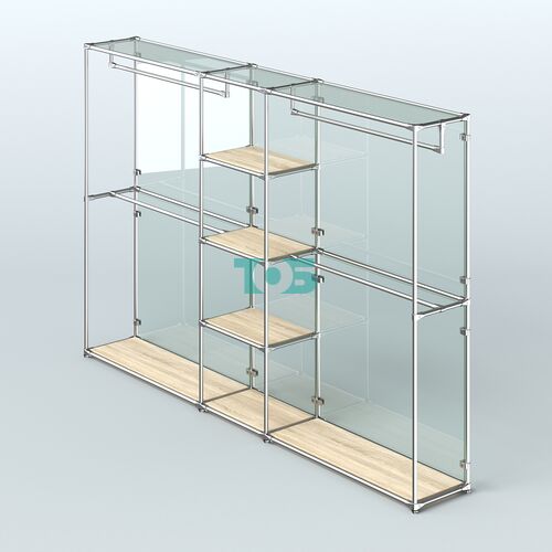 Торговая система ХРОМ (задняя стенка - стекло) 3030 мм с полками ДСП и поручнями №4