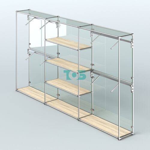 Торговая система ХРОМ (задняя стенка - стекло) 3600 мм с полками ДСП и поручнями №5
