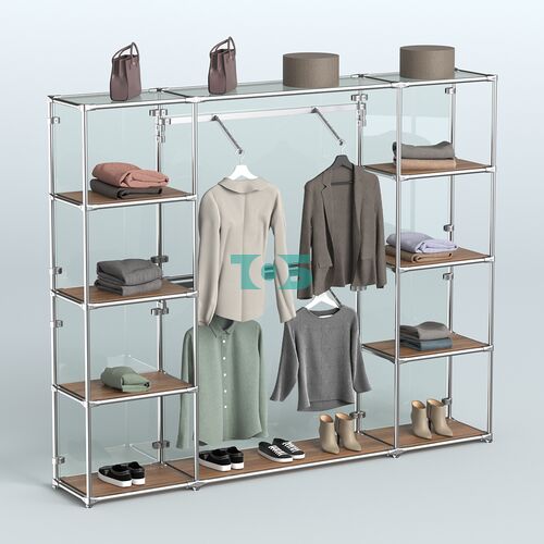 Торговая система ХРОМ (задняя стенка - стекло) 2430 мм с полками ДСП и поручнями №7