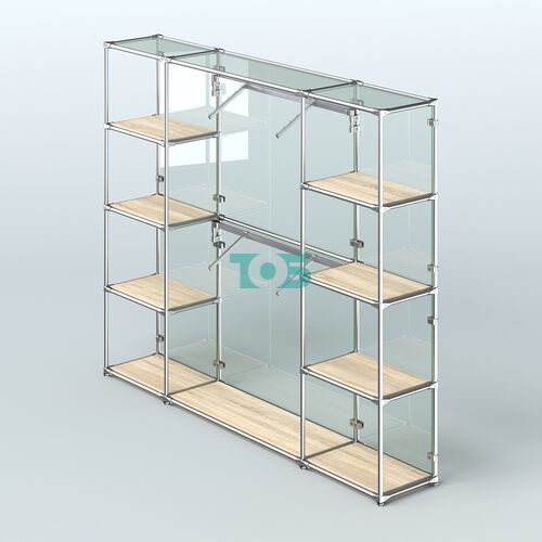 Торговая система ХРОМ (задняя стенка - стекло) 2430 мм с полками ДСП и поручнями №7