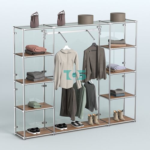 Торговая система ХРОМ (задняя стенка - стекло) 2430 мм с полками ДСП и поручнями №11