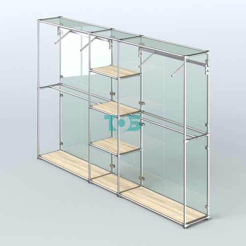 Торговая система ХРОМ (задняя стенка - стекло) 3030 мм с полками ДСП и поручнями №12